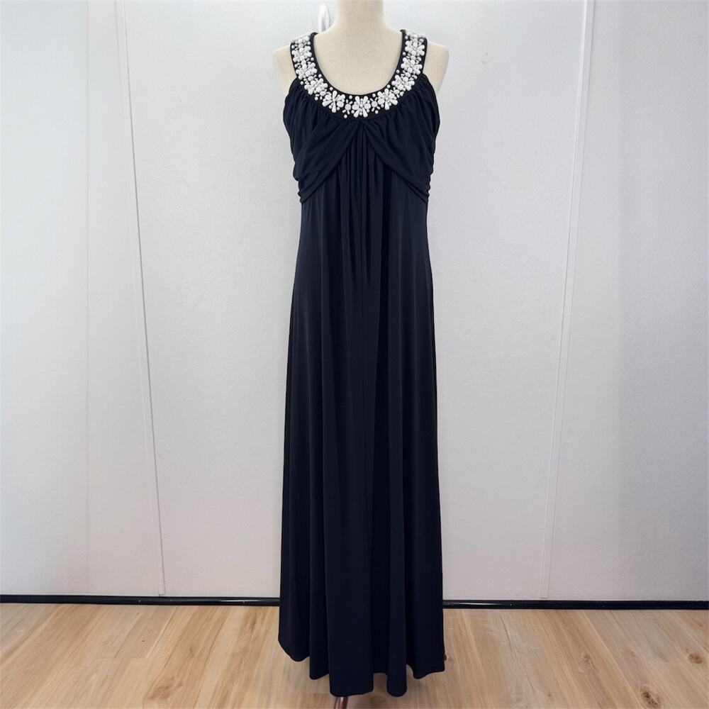 Soft Surroundings Black Empire Beaded Stretch Maxi Dress Resortwear Tropical